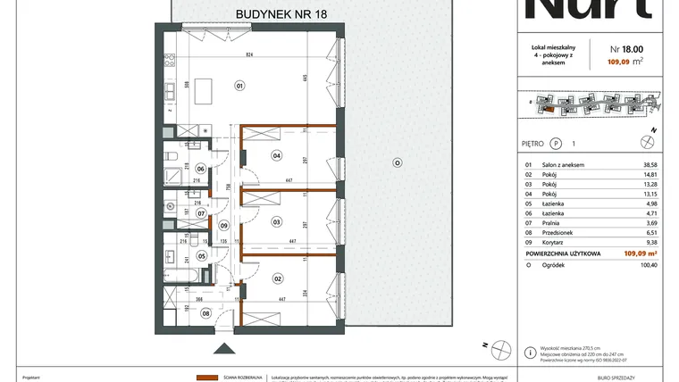 Rzut - Mieszkanie na sprzedaż 4 pokoje o powierzchni 109,09 m² - numer 18.00 w Nurt