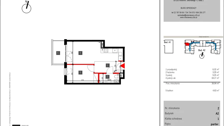 Rzut - Mieszkanie na sprzedaż 2 pokoje o powierzchni 36,94 m² - numer 2 w Mochtyńska 56 etap II