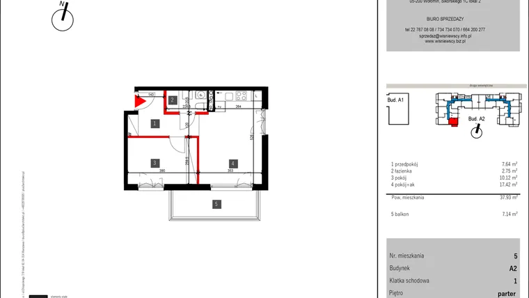 Rzut - Mieszkanie na sprzedaż 2 pokoje o powierzchni 37,93 m² - numer 5 w Mochtyńska 56 etap II