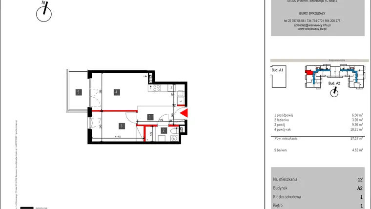 Rzut - Mieszkanie na sprzedaż 2 pokoje o powierzchni 37,17 m² - numer 12 w Mochtyńska 56 etap II
