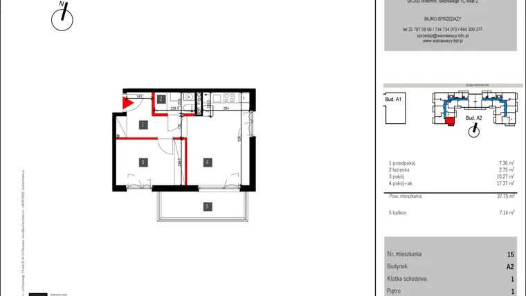 Rzut - Mieszkanie na sprzedaż 2 pokoje o powierzchni 37,75 m² - numer 15 w Mochtyńska 56 etap II