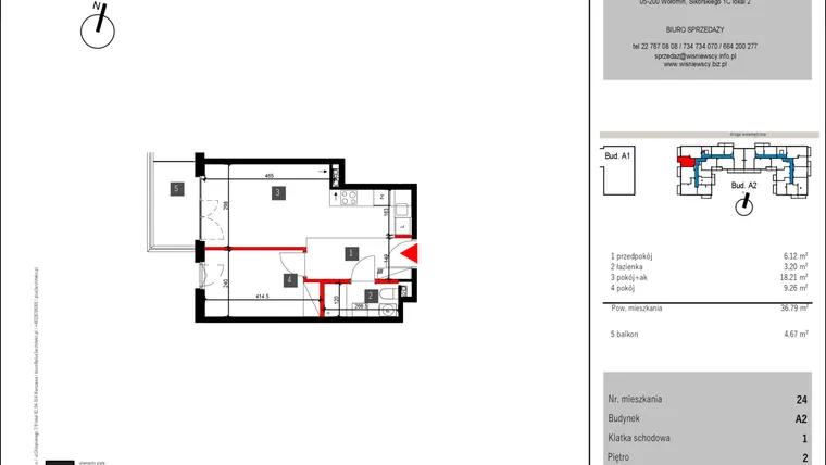 Rzut - Mieszkanie na sprzedaż 2 pokoje o powierzchni 36,79 m² - numer 24 w Mochtyńska 56 etap II
