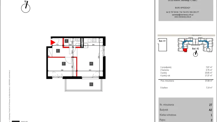 Rzut - Mieszkanie na sprzedaż 2 pokoje o powierzchni 37,84 m² - numer 27 w Mochtyńska 56 etap II
