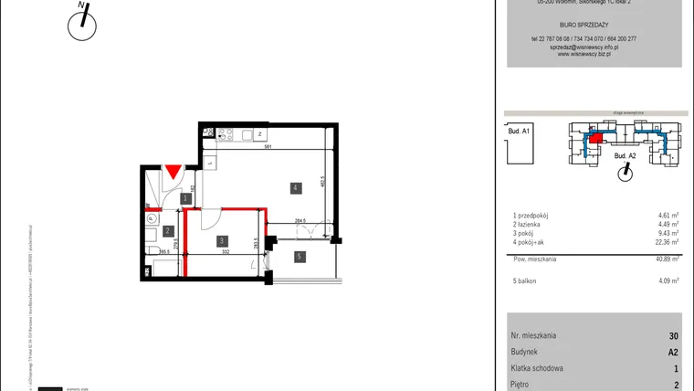 Rzut - Mieszkanie na sprzedaż 2 pokoje o powierzchni 40,89 m² - numer 30 w Mochtyńska 56 etap II