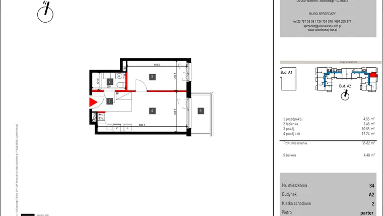 Rzut - Mieszkanie na sprzedaż 2 pokoje o powierzchni 35,82 m² - numer 34 w Mochtyńska 56 etap II