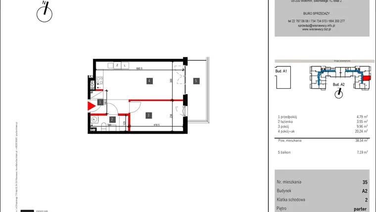 Rzut - Mieszkanie na sprzedaż 2 pokoje o powierzchni 38,54 m² - numer 35 w Mochtyńska 56 etap II