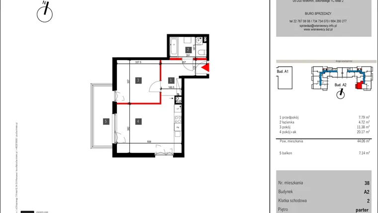 Rzut - Mieszkanie na sprzedaż 2 pokoje o powierzchni 44,06 m² - numer 38 w Mochtyńska 56 etap II