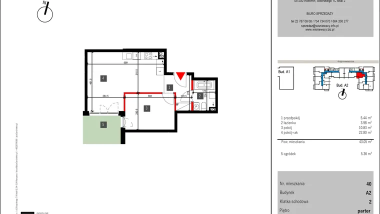 Rzut - Mieszkanie na sprzedaż 2 pokoje o powierzchni 43,05 m² - numer 40 w Mochtyńska 56 etap II