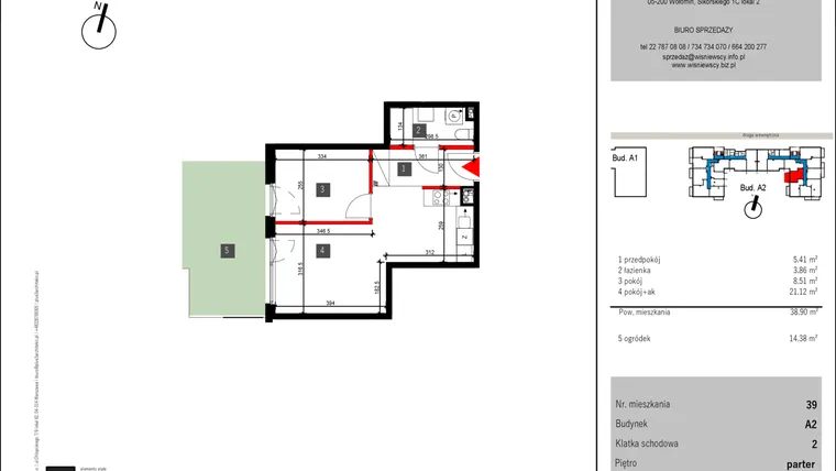 Rzut - Mieszkanie na sprzedaż 2 pokoje o powierzchni 38,9 m² - numer 39 w Mochtyńska 56 etap II