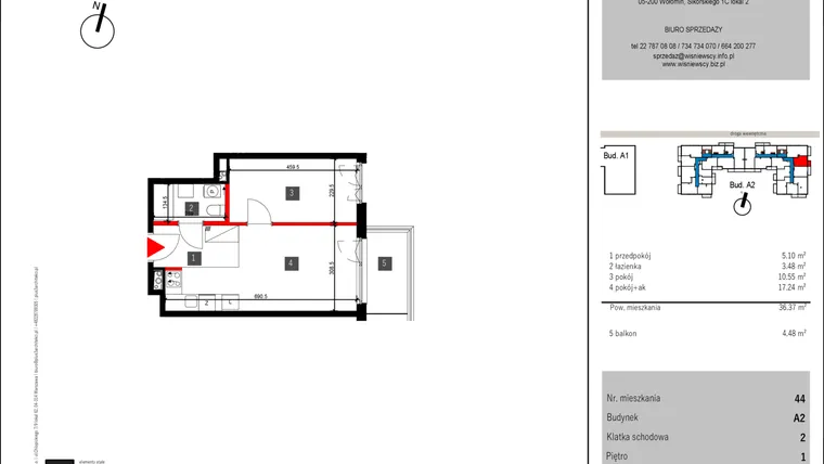 Rzut - Mieszkanie na sprzedaż 2 pokoje o powierzchni 36,37 m² - numer 44 w Mochtyńska 56 etap II