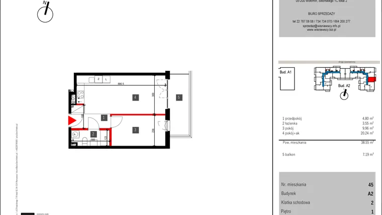 Rzut - Mieszkanie na sprzedaż 2 pokoje o powierzchni 38,55 m² - numer 45 w Mochtyńska 56 etap II