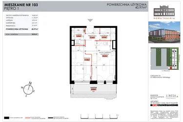 Rzut - Mieszkanie na sprzedaż 1 pokój o powierzchni 40,97 m² - numer 103 w Nowa Tkalnia