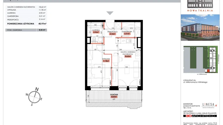 Rzut - Mieszkanie na sprzedaż 1 pokój o powierzchni 40,97 m² - numer 103 w Nowa Tkalnia
