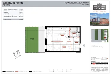 Rzut - Mieszkanie na sprzedaż 1 pokój o powierzchni 37,64 m² - numer 106 w Nowa Tkalnia
