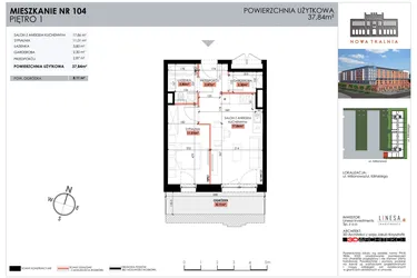 Rzut - Mieszkanie na sprzedaż 1 pokój o powierzchni 37,84 m² - numer 104 w Nowa Tkalnia