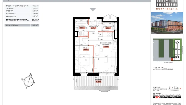 Rzut - Mieszkanie na sprzedaż 1 pokój o powierzchni 37,84 m² - numer 104 w Nowa Tkalnia
