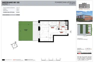 Rzut - Mieszkanie na sprzedaż 1 pokój o powierzchni 31,87 m² - numer 105 w Nowa Tkalnia