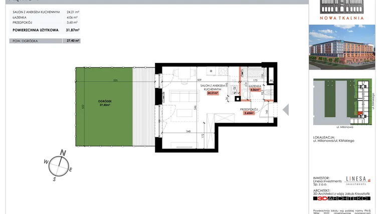 Rzut - Mieszkanie na sprzedaż 1 pokój o powierzchni 31,87 m² - numer 105 w Nowa Tkalnia