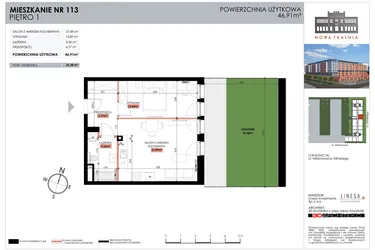 Rzut - Mieszkanie na sprzedaż 1 pokój o powierzchni 46,91 m² - numer 113 w Nowa Tkalnia