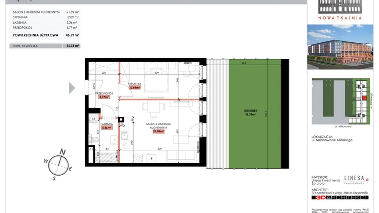 Rzut - Mieszkanie na sprzedaż 1 pokój o powierzchni 46,91 m² - numer 113 w Nowa Tkalnia