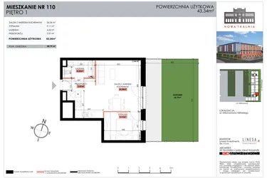 Rzut - Mieszkanie na sprzedaż 1 pokój o powierzchni 43,34 m² - numer 110 w Nowa Tkalnia
