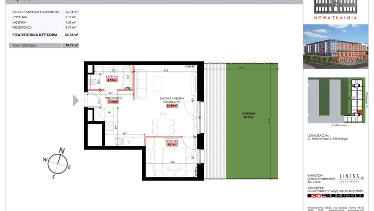 Rzut - Mieszkanie na sprzedaż 1 pokój o powierzchni 43,34 m² - numer 110 w Nowa Tkalnia