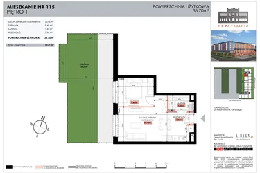 Rzut - Mieszkanie na sprzedaż 1 pokój o powierzchni 36,7 m² - numer 115 w Nowa Tkalnia
