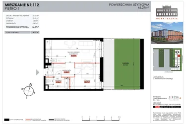 Rzut - Mieszkanie na sprzedaż 1 pokój o powierzchni 46,27 m² - numer 112 w Nowa Tkalnia