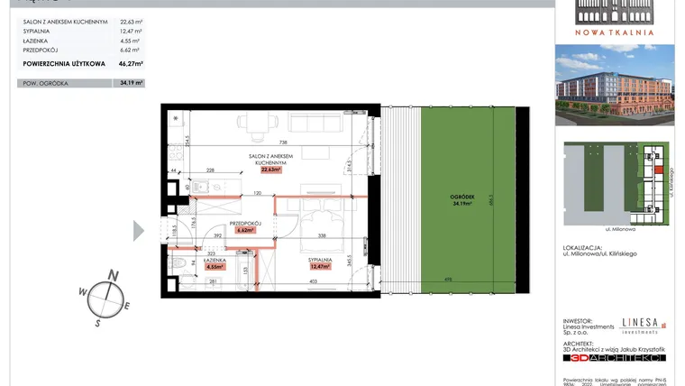 Rzut - Mieszkanie na sprzedaż 1 pokój o powierzchni 46,27 m² - numer 112 w Nowa Tkalnia