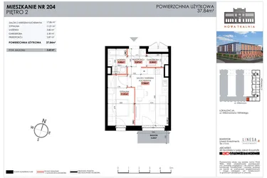 Rzut - Mieszkanie na sprzedaż 1 pokój o powierzchni 37,84 m² - numer 204 w Nowa Tkalnia