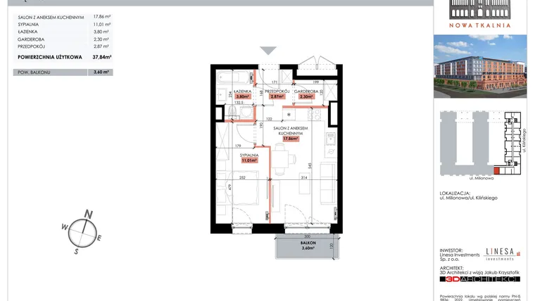 Rzut - Mieszkanie na sprzedaż 1 pokój o powierzchni 37,84 m² - numer 204 w Nowa Tkalnia