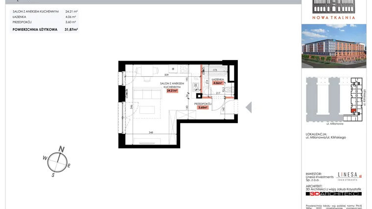 Rzut - Mieszkanie na sprzedaż 1 pokój o powierzchni 31,87 m² - numer 205 w Nowa Tkalnia