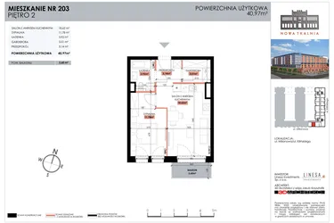 Rzut - Mieszkanie na sprzedaż 1 pokój o powierzchni 40,97 m² - numer 203 w Nowa Tkalnia