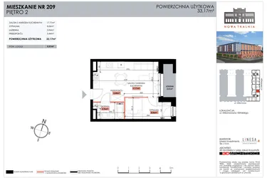 Rzut - Mieszkanie na sprzedaż 1 pokój o powierzchni 33,17 m² - numer 209 w Nowa Tkalnia
