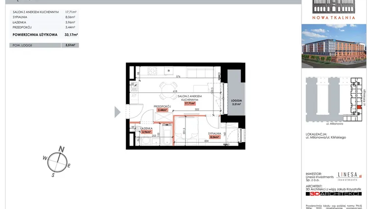 Rzut - Mieszkanie na sprzedaż 1 pokój o powierzchni 33,17 m² - numer 209 w Nowa Tkalnia