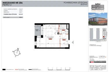 Rzut - Mieszkanie na sprzedaż 1 pokój o powierzchni 33,31 m² - numer 206 w Nowa Tkalnia