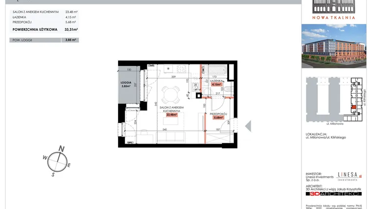 Rzut - Mieszkanie na sprzedaż 1 pokój o powierzchni 33,31 m² - numer 206 w Nowa Tkalnia