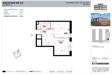Rzut - Mieszkanie na sprzedaż 1 pokój o powierzchni 42,55 m² - numer 210 w Nowa Tkalnia