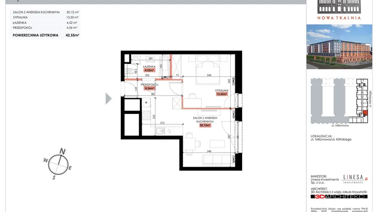 Rzut - Mieszkanie na sprzedaż 1 pokój o powierzchni 42,55 m² - numer 210 w Nowa Tkalnia