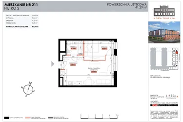 Rzut - Mieszkanie na sprzedaż 1 pokój o powierzchni 41,29 m² - numer 211 w Nowa Tkalnia