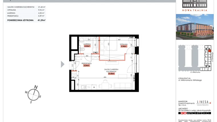 Rzut - Mieszkanie na sprzedaż 1 pokój o powierzchni 41,29 m² - numer 211 w Nowa Tkalnia