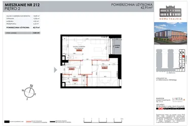 Rzut - Mieszkanie na sprzedaż 1 pokój o powierzchni 42,91 m² - numer 212 w Nowa Tkalnia
