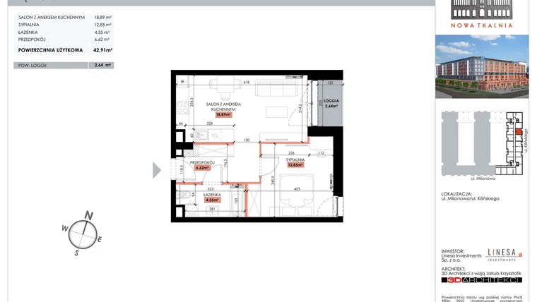 Rzut - Mieszkanie na sprzedaż 1 pokój o powierzchni 42,91 m² - numer 212 w Nowa Tkalnia