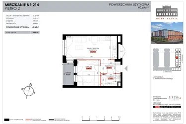 Rzut - Mieszkanie na sprzedaż 1 pokój o powierzchni 40,64 m² - numer 214 w Nowa Tkalnia