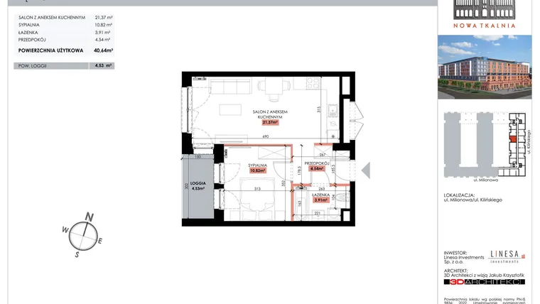 Rzut - Mieszkanie na sprzedaż 1 pokój o powierzchni 40,64 m² - numer 214 w Nowa Tkalnia