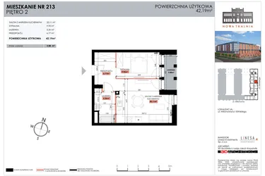 Rzut - Mieszkanie na sprzedaż 1 pokój o powierzchni 42,19 m² - numer 213 w Nowa Tkalnia