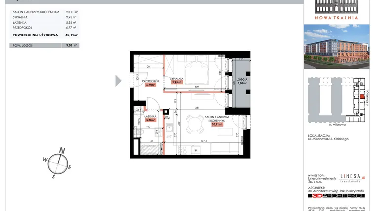 Rzut - Mieszkanie na sprzedaż 1 pokój o powierzchni 42,19 m² - numer 213 w Nowa Tkalnia