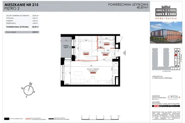 Rzut - Mieszkanie na sprzedaż 1 pokój o powierzchni 40,87 m² - numer 215 w Nowa Tkalnia