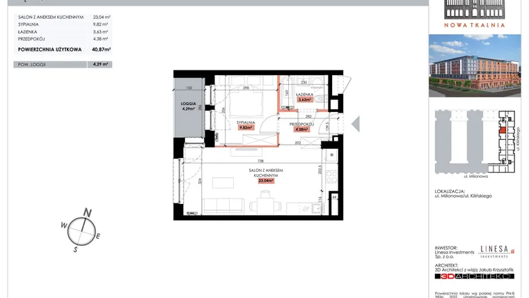 Rzut - Mieszkanie na sprzedaż 1 pokój o powierzchni 40,87 m² - numer 215 w Nowa Tkalnia
