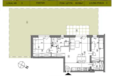 Rzut - Mieszkanie na sprzedaż 3 pokoje o powierzchni 60,98 m² - numer 5 w Osiedle Księżnej Dąbrówki: Gościniec